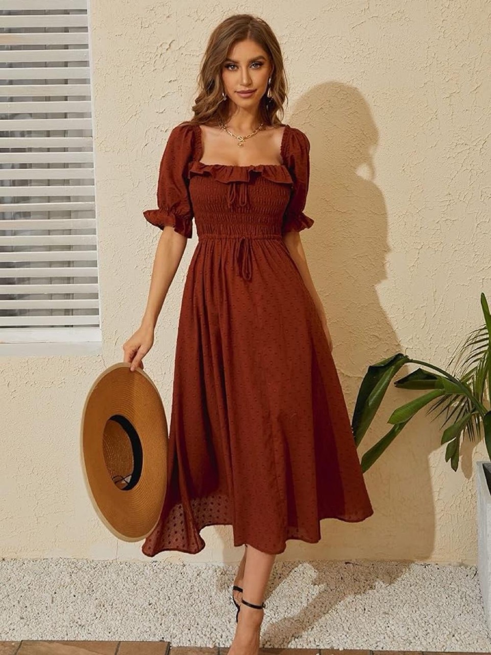 R.YIposha Brown Smocked Midi Dress